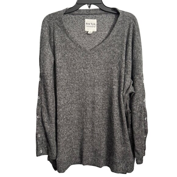 New York Laundry Womens Grey Knit V-Neck Sweater Size 2X With Button Sleeve Deta - Picture 1 of 12